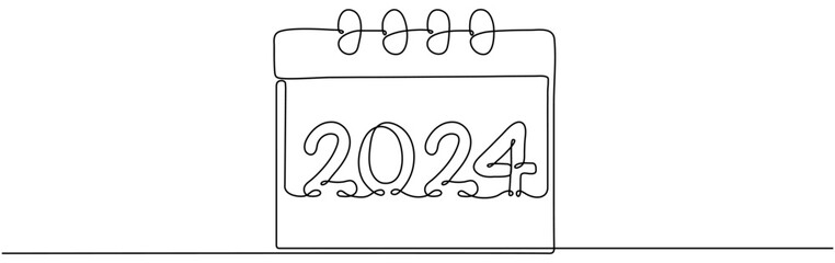 Calendar continuous line drawing. 2024 year symbol. Celebration date. Vector illustration isolated on white. - obrazy, fototapety, plakaty