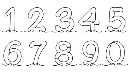 Numbers continuous line drawing. Arabic numerals symbols linear set. Counting hand drawn signs collection. Vector illustration isolated on white. - obrazy, fototapety, plakaty