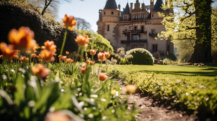 A historic castle, with a blooming garden as the background, during a sunlit spring day