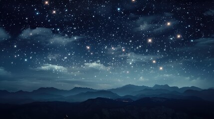 Stars in the sky, in the style of digital painting, tender depiction of nature, dark sky-blue and black, soft, romantic scenes, romanticized landscapes, serene atmospheric perspective, fine detailed