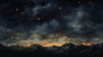 Stars in the sky, in the style of digital painting, tender depiction of nature, dark sky-blue and black, soft, romantic scenes, romanticized landscapes, serene atmospheric perspective, fine detailed