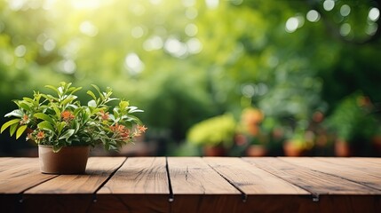 Fototapeta na wymiar mockup wooden table green nature garden background