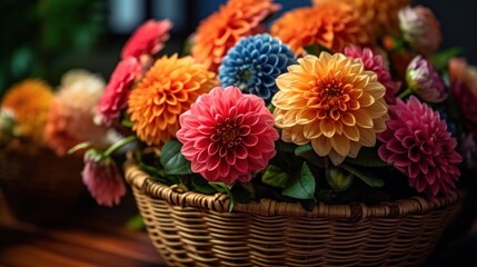 Fototapeta na wymiar Colorful dahlia flowers in a basket on wooden table. Springtime Concept. Mothers Day Concept with a Copy Space. Valentine's Day.