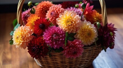 Colorful dahlia flowers in a basket on wooden table. Springtime Concept. Mothers Day Concept with a Copy Space. Valentine's Day.
