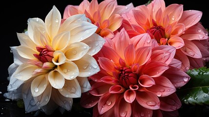 Beautiful pink dahlia flowers on black background, closeup. Springtime Concept. Mothers Day Concept with a Copy Space. Valentine's Day.