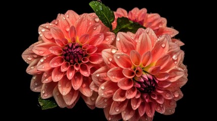 Beautiful pink dahlia flowers on black background, closeup. Springtime Concept. Mothers Day Concept with a Copy Space. Valentine's Day.