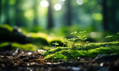 Sunlit Seedlings Sprouting on a Mossy Forest Floor: A Close-Up View of New Life in a Tranquil Woodland Environment - obrazy, fototapety, plakaty