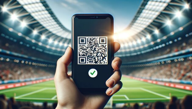 Europe football championship stadium with a hand holding a smartphone with QR code and a green check mark on its screen for online tickets booking for stadium seat for soccer game reservation