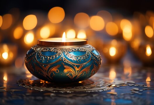 Festive Glow: Blue Glass Jars with Lit Candles Creating a Warm Ambiance Against a Golden Bokeh Background