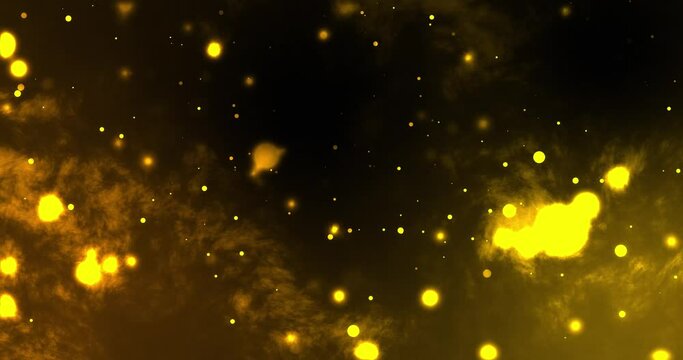 Abstract smoky background with bright glowing glitter bokeh particles creating an illusion of clouds or outer space. Glowing luxury award animation background in yellow color.
