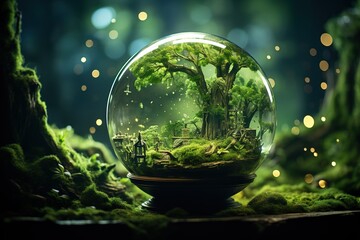 Futuristic Green Technology Concept: Crystal Ball with Circuit Board Amidst Nature