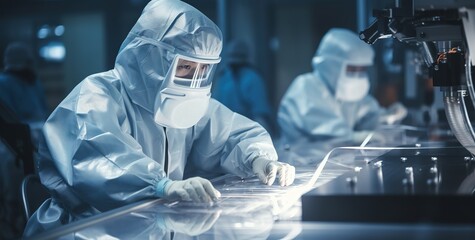 Dedicated Scientists in Protective Gear Conducting Research in a Modern Laboratory - obrazy, fototapety, plakaty