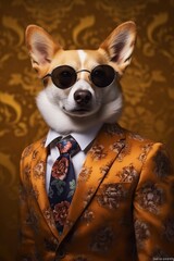 Dog, Corgi dressed in an elegant modern floral suit. Fashion portrait of an anthropomorphic animal, dog, posing with a charismatic human attitude