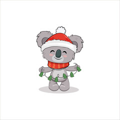 Cute cartoon koala cub isolated on white background. Christmas card with koala bear. Vector illustration
