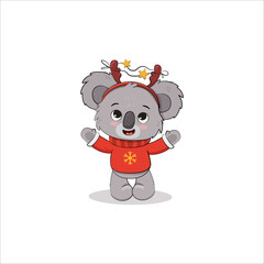 Cute cartoon koala cub isolated on white background. Christmas card with koala bear. Vector illustration