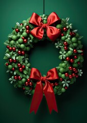 Fototapeta na wymiar Natural Christmas wreath on a green background. Christmas holidays. Generative AI.