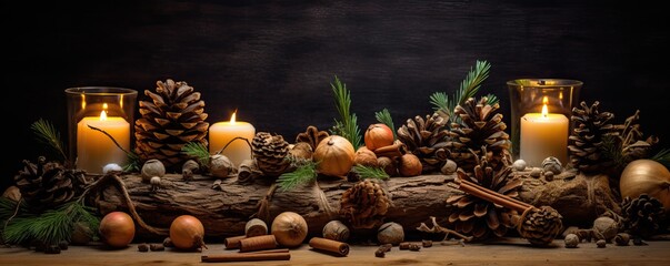 Natural Christmas decoration on a dark background. Christmas holidays. Generative AI.
