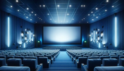 Empty blue cinema with white blank screen. Mockup of hall, no people and auditorium.