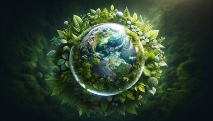 Obraz na płótnie Canvas Glass globe encircled by verdant forest flora, symbolising nature, environment, sustainability, ESG, and climate change awareness.