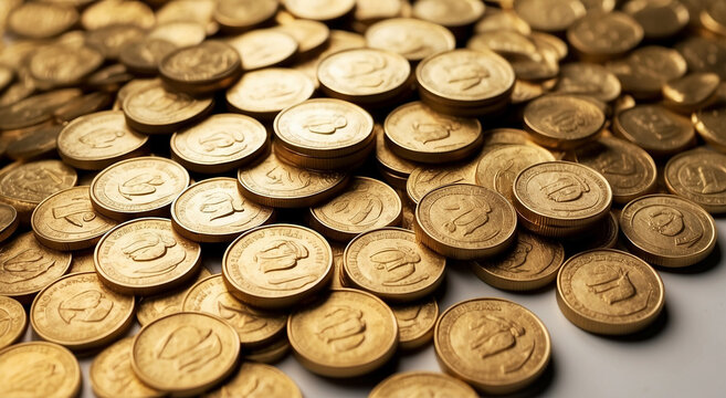 A pile of golden coins, each one cuter than the last, scattered on a simple white background - AI Generative