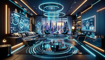 Depiction of a high-tech cyberpunk apartment interior.