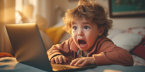 Little child looking at inappropriate content on the internet. - obrazy, fototapety, plakaty