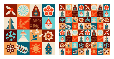 Christmas ornament. Seamless pattern, poster, postcard, cover with geometric simple icons
