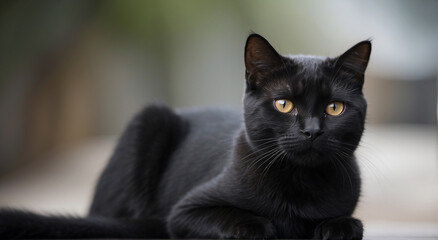 A portrait of a cute black cat in an defocused gray background - AI Generative