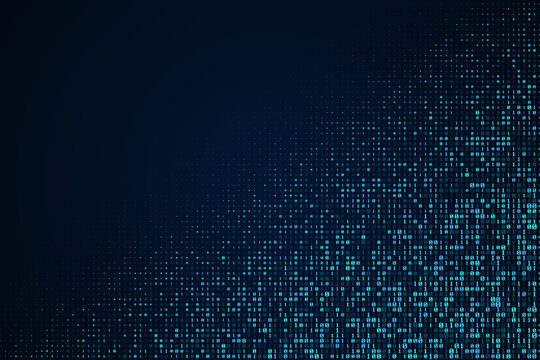 Blue, bright digital data matrix of binary code numbers isolated on a dark blue background with space for text in the upper left corner. Technology, coding, or big data concept. Vector illustration