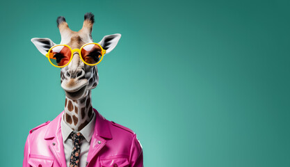 Cool looking giraffe wearing funky fashion dress - jacket, shirt, tie, sunglasses. Wide banner with space for text at side. Stylish animal posing. Generative AI