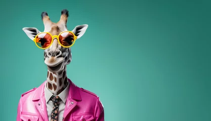 Foto op Plexiglas Cool looking giraffe wearing funky fashion dress - jacket, shirt, tie, sunglasses. Wide banner with space for text at side. Stylish animal posing. Generative AI © Lubo Ivanko