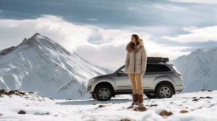  Woman traveling exploring, enjoying the view of the mountains, landscape, lifestyle concept winter vacation outdoors. Female standing near the car in sunny day, travel in the mountains, freedom