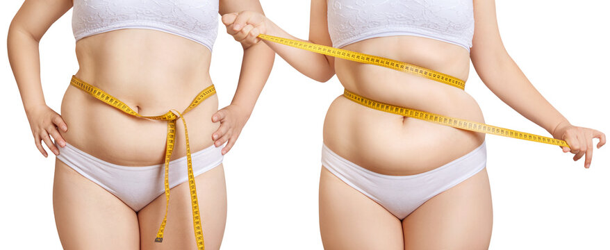 Collage of fat woman measuring her body by measuring tape.