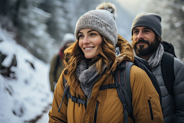 Fototapeta premium Young couple in warm clothes and hats with backpacks on hiking trip through winter forest