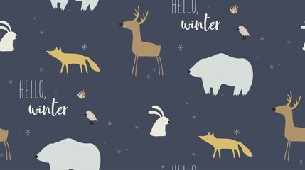Seamless winter pattern with forest animals