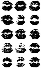 Set of kiss prints. Seamless repeating pattern of female sensitive mouths. Rough black vector texture isolated on transparent background. Vintage hand-drawn design elements