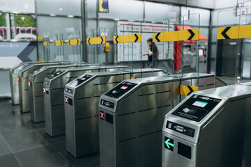 Automatic ticket gate of the railway station. Access system to the building. Pass through the passes.