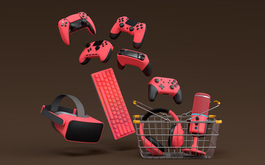 Gamer gears like mouse, keyboard, joystick, headset, VR in metal wire basket