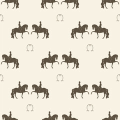 Classic dressage, horse rider, horseshoe vignette, seamless vector pattern