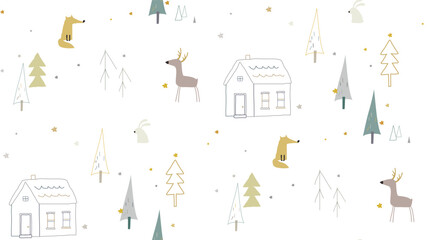 Seamless winter pattren with forest animals and houses