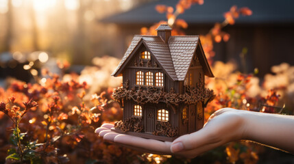 A woman hand holds wooden house, concept of buying a home
