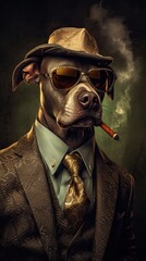 Dog dressed in an elegant modern suit, standing as a leader and a confident gentleman, smoking a cigarette. Fashion portrait of an anthropomorphic anima posing with a charismatic human attitude.
