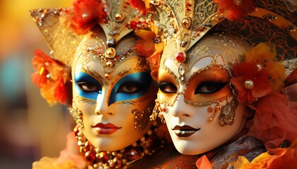 vibrant masquerade ball at venice carnival with elaborate masks and colorful costumes