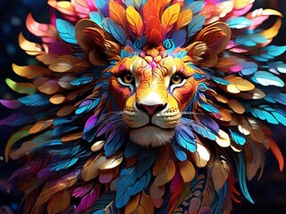 LIONESS FACE SURROUNDED BY COLORFUL FEATHERS IN RAINBOW COLORS, GENERATIVE IA