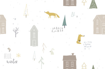 Seamless winter pattren with foxes and houses