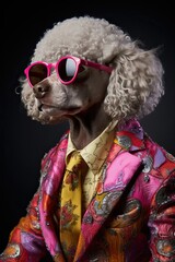 Dog, white poodle, dressed in an elegant modern suit with a nice tie, wearing sunglasses. Fashion portrait of an anthropomorphic animal posing with a charismatic human