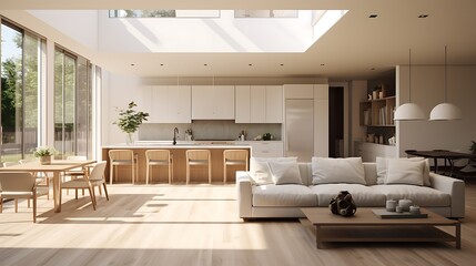 Fototapeta na wymiar A modern minimalist home interior design with clean lines, sleek furniture, and neutral color palette, featuring an open-concept living space connected to a spacious kitchen, bathed in natural light