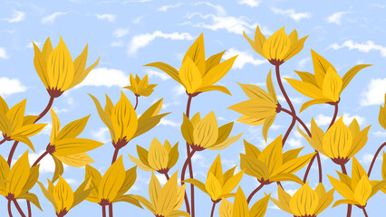 Seamless border with yellow flowers against the sky with clouds. Pattern with wild field tulips.