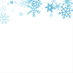 winter snow with blue snowflakes on a white background. Festive Christmas banner, New Year card. Symbols of frosty winter. Vector illustration.
