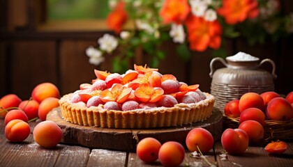 Delicious homemade peach pie with fresh juicy peaches on a charming rustic wooden table